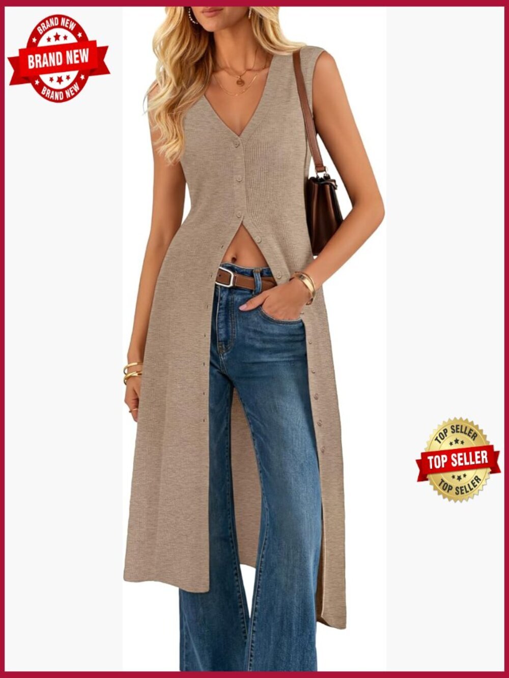Sleeveless Long Cardigan Sweater Oversized Button Knit Duster Vest Beach Cover